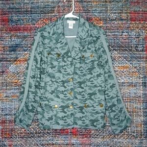 WEARABLES XCVI womens gray green black Folksy camo Safari poplin jacket L EUC